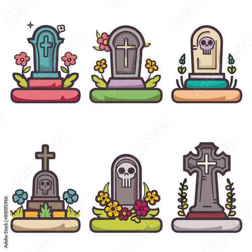 Set six colorful gravestones surrounded flowers leaves. Cartoony cemetery tombstones different design elements, crosses skull. Brightly illustrated grave markers suitable game asset decoration