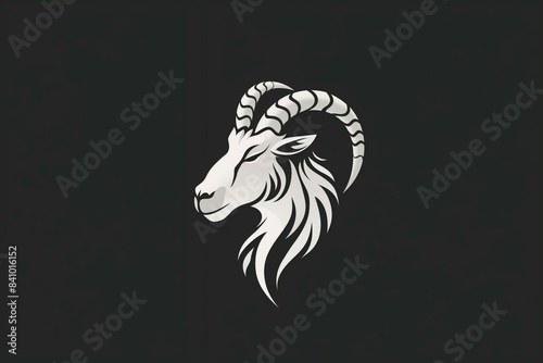 Black and white illustration of a goat head with long horns in a modern style.