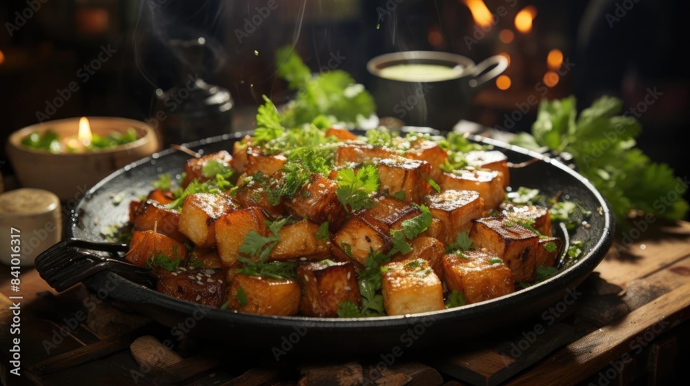 Delicious white tofu on a plate with blur background Delicious white tofu on a plate with blur background