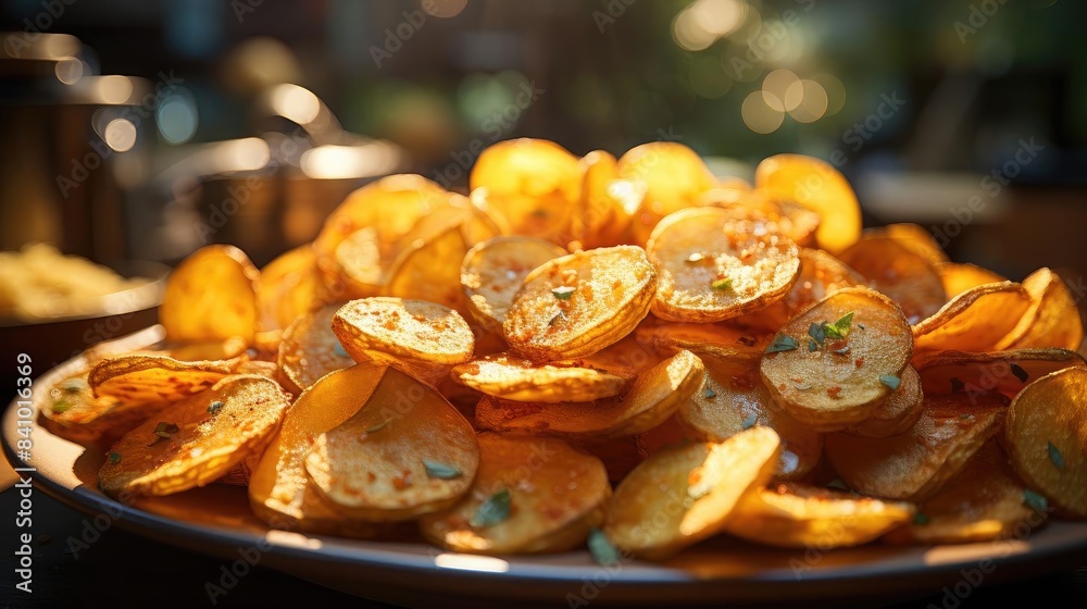 Potato Chips with a sprinkling of savory salty spices on a wooden table with a blurred background Potato Chips with a sprinkling of savory salty spices on a wooden table with a blurred background