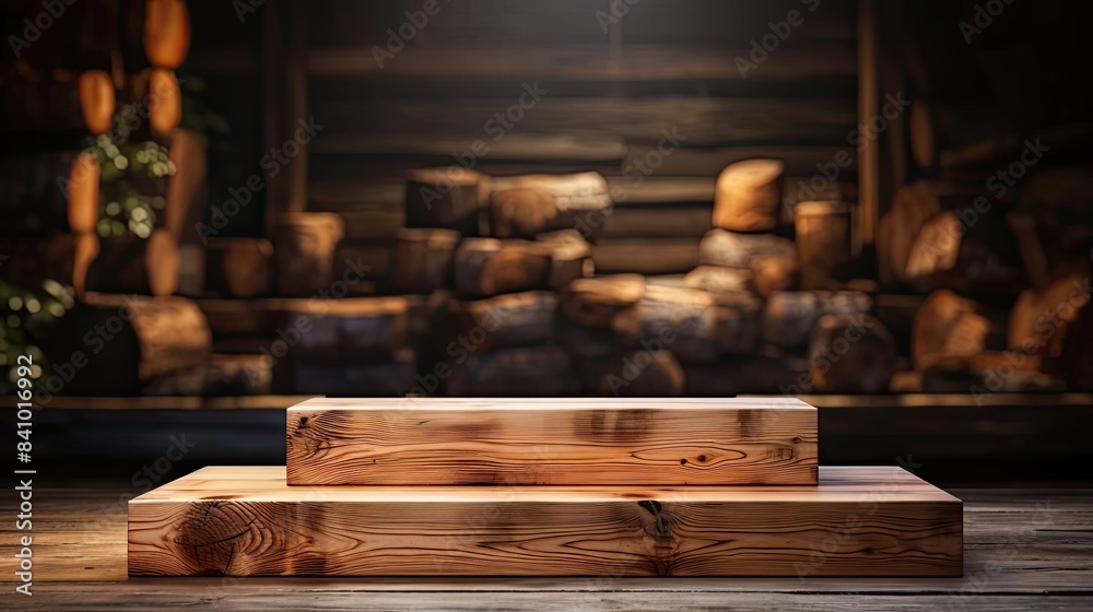 Wood podium product stand or display with cinematic light and cinematic background Wood podium product stand or display with cinematic light and cinematic background