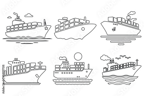 Illustrative Set of Vector Graphics Featuring Various Types of Carrier Ships Outline in Different Styles and Perspectives