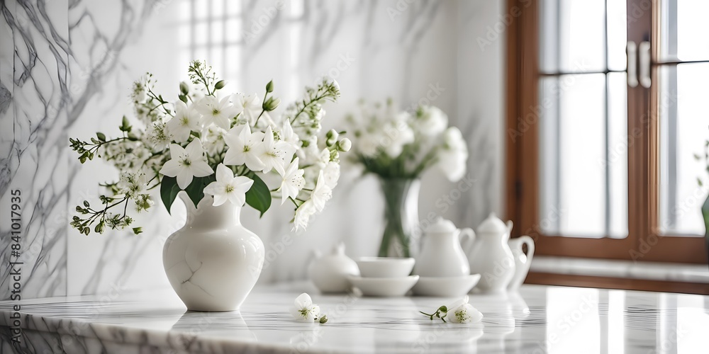 vase with white flowers on the side of a white marble table and white marble backgrounds with copy space, apartment or kitchen interior design vase with white flowers on the side of a white marble table and white marble backgrounds with copy space, apartment or kitchen interior design