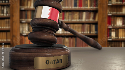 Qatar Flag on Judge Gavel or Hammer in Court with Country Name. Legal System 3D Illustration