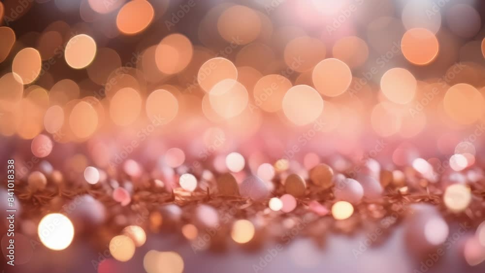 Abstract pink and orange bokeh lights creating a warm and elegant atmosphere. Soft focus circles of light blend seamlessly to evoke feelings of romance and sophistication. 