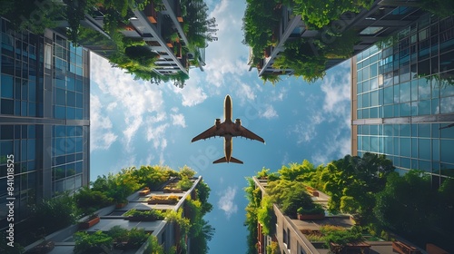 Abstract airplane flying over the city skyscraper green buildings surreal landscape, modern luxury architecture one point perspective view, futuristic optical visual 3d digital artwork illustration. photo