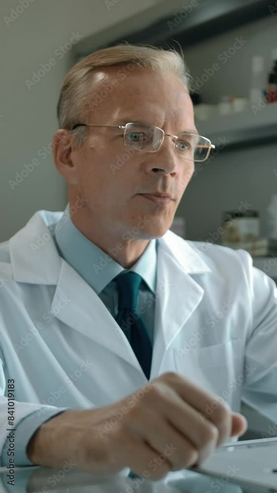 An adult specialist pharmacist in glasses talks to customer online at a pharmacy. Caucasian male is communicating with a potential client via video communication on a laptop. Vertical shot. An adult specialist pharmacist in glasses talks to customer online at a pharmacy. Caucasian male is communicating with a potential client via video communication on a laptop. Vertical shot.