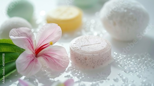 Personal care items for the bath Assortment of bath products and a single flower on a white background