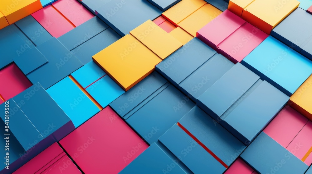 Abstract geometric background with colorful 3D blocks in blue, orange, and pink creating a dynamic, modern pattern. Abstract geometric background with colorful 3D blocks in blue, orange, and pink creating a dynamic, modern pattern.