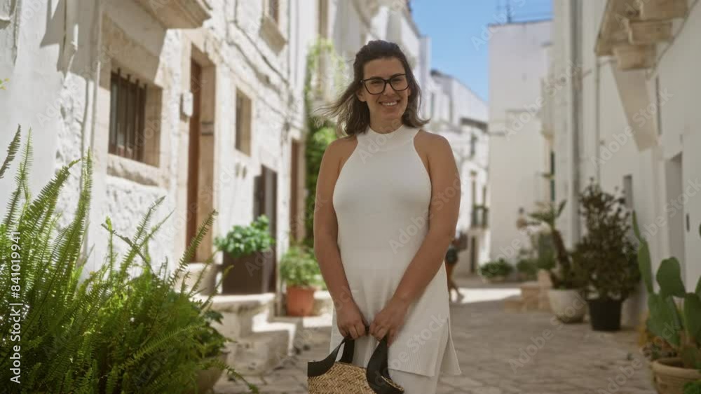 Young hispanic woman in white dress enjoying a sunny day on the charming streets of locorotondo, puglia, surrounded by white homes and greenery in italy's old town. Young hispanic woman in white dress enjoying a sunny day on the charming streets of locorotondo, puglia, surrounded by white homes and greenery in italy's old town.