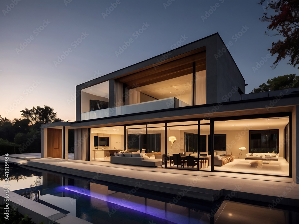 Minimalist modern house with outdoor living space and swimming pool. Contemporary urban living concept. Minimalist modern house with outdoor living space and swimming pool. Contemporary urban living concept.