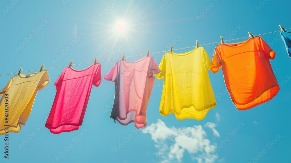 Vibrant t shirts hanging on a clothesline under a blue sky viewed from below Banner concept Vibrant t shirts hanging on a clothesline under a blue sky viewed from below Banner concept