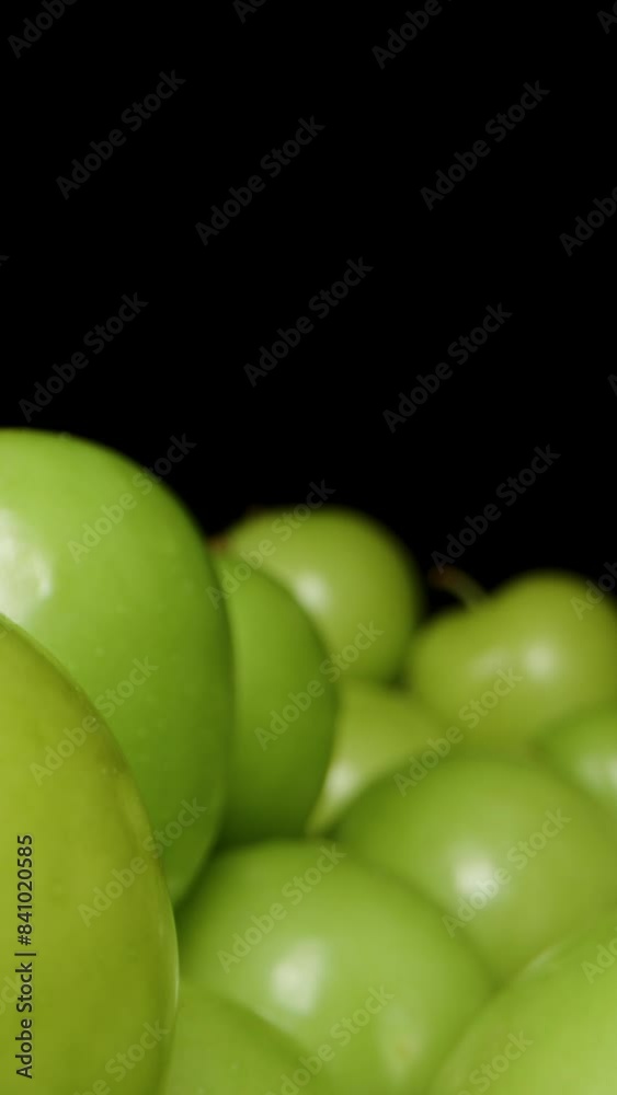 Vertical video. Macro Dolly, Pile of Green Plums on Black Background. Vertical video. Macro Dolly, Pile of Green Plums on Black Background.