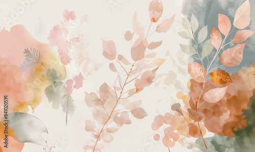 Abstract botanical illustration with pink and orange flowers and leaves with a muted background. Watercolor painting style for design and print. Nature and floral theme