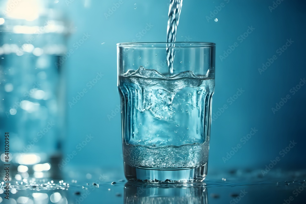 A stream of clear transparent cold water is poured into a glass beaker on blue background with beautiful lighting close-up. Water glows in a glass. A stream of clear transparent cold water is poured into a glass beaker on blue background with beautiful lighting close-up. Water glows in a glass.