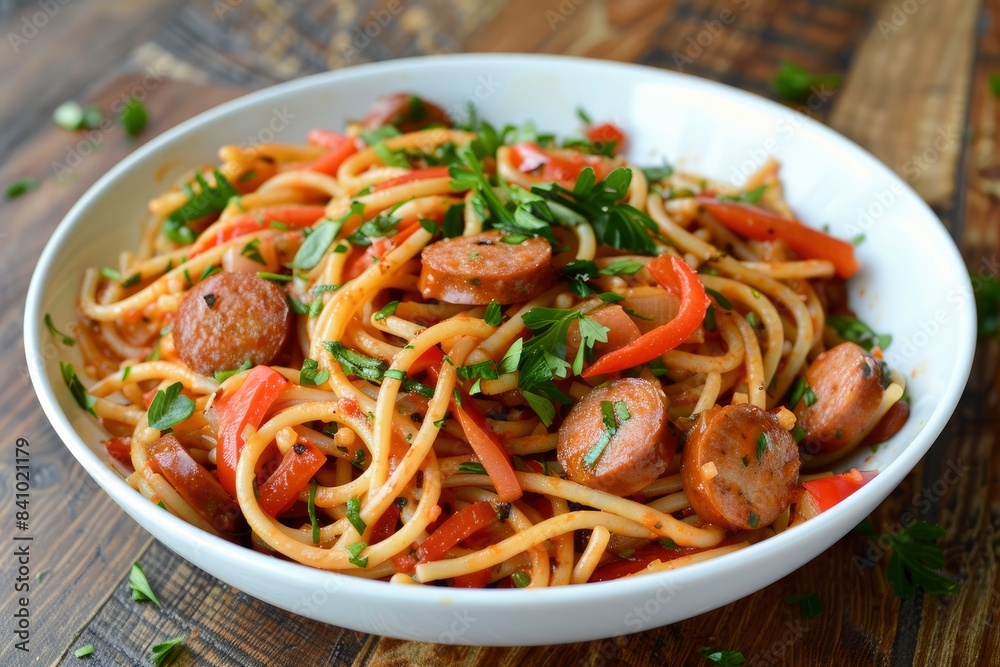 Spicy spaghetti stir fry with sausage - generative ai Spicy spaghetti stir fry with sausage - generative ai