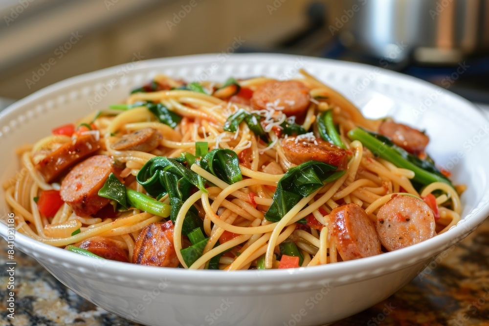 Spicy spaghetti stir fry with sausage - generative ai Spicy spaghetti stir fry with sausage - generative ai