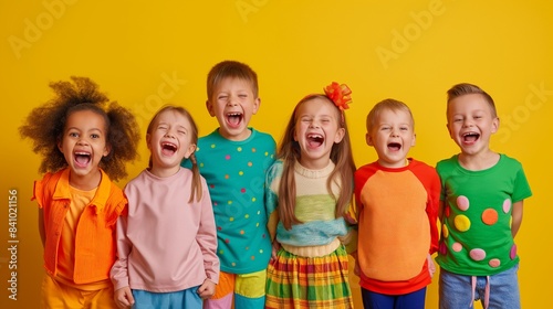 Six kids in colorful clothes laughing joyfully against a yellow background.