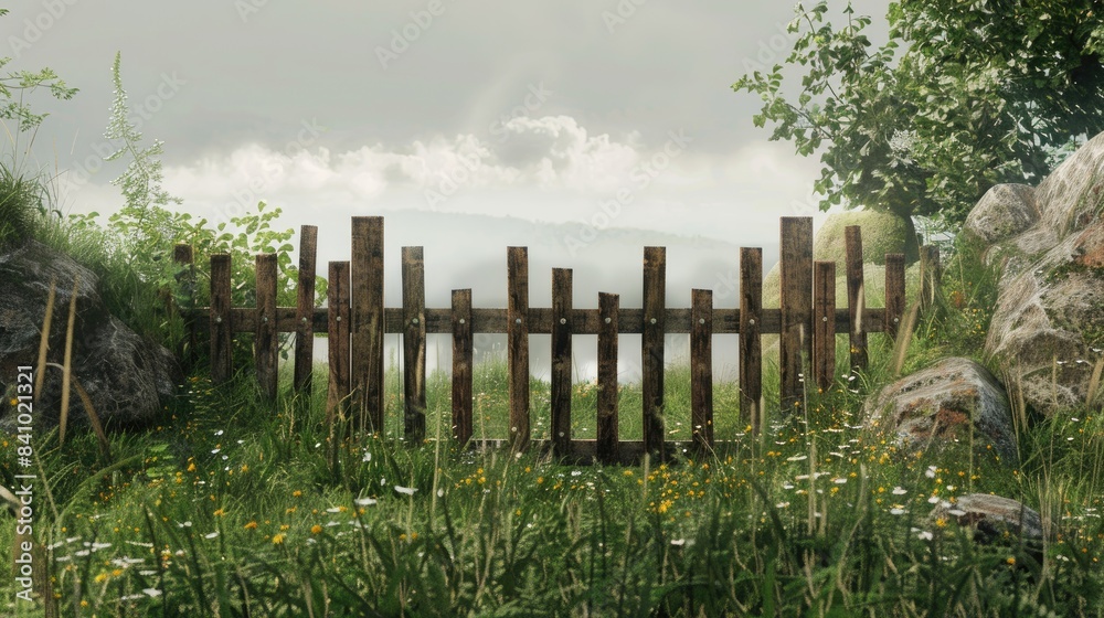 Fototapeta premium Unveiling wooden barrier against a backdrop of nature
