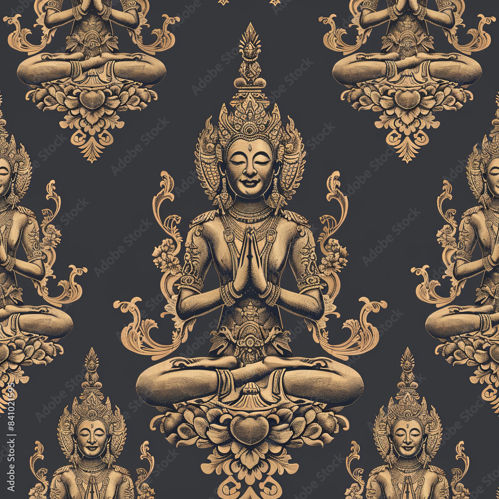 Fototapeta premium Seamless pattern of flowers and gods on the fabric.