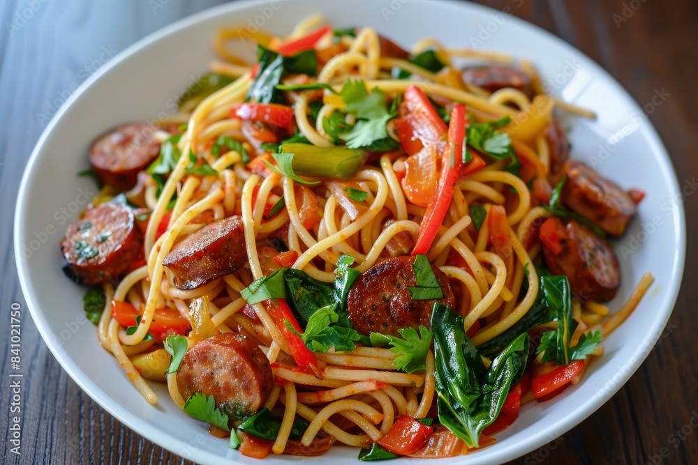Spicy spaghetti stir fry with sausage - generative ai Spicy spaghetti stir fry with sausage - generative ai
