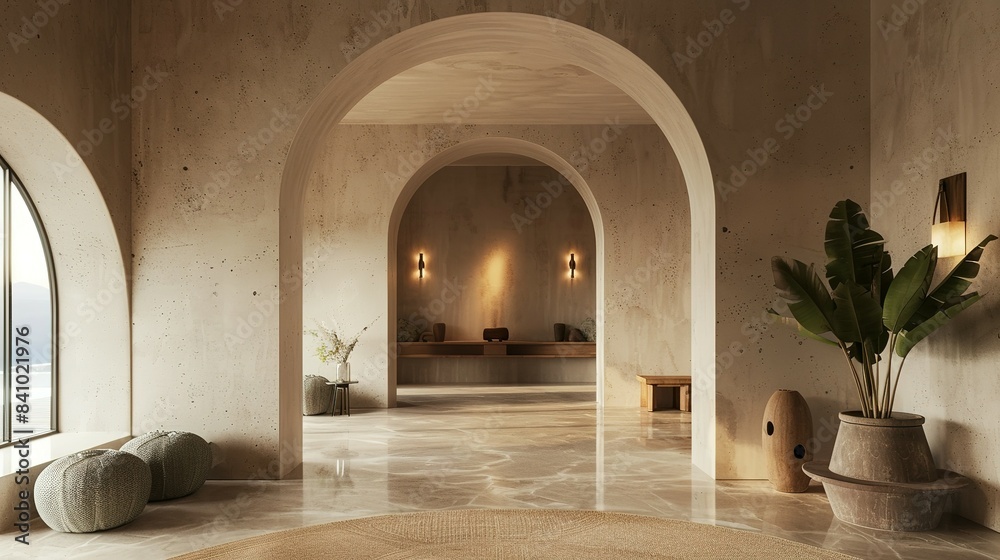 Fototapeta premium Discover an Enchanting Entryway and Hallway, Adorned with Arched Walls, Embracing the Warmth of Mediterranean and Boho Styles