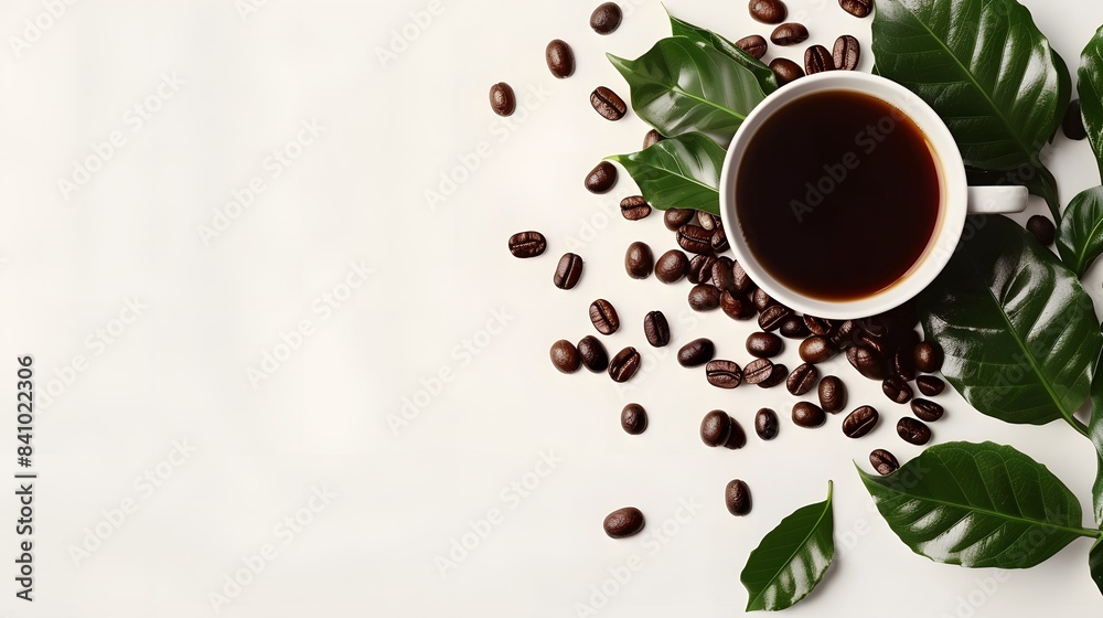 Obraz premium top view coffee with coffee bean and leaf