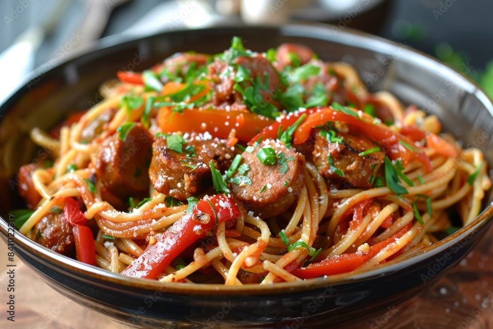 Spicy spaghetti stir fry with sausage - generative ai Spicy spaghetti stir fry with sausage - generative ai