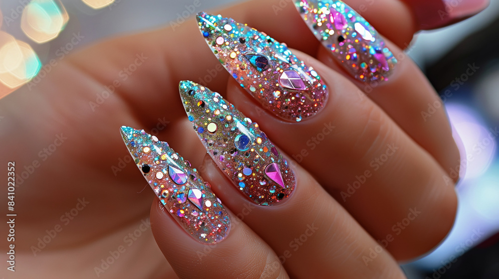 水晶が散りばめられた美しいネイルアート