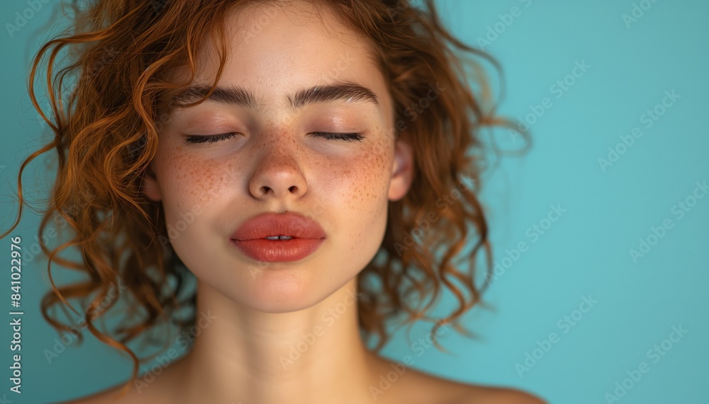 Young woman with freckles eyes closed Young woman with freckles eyes closed