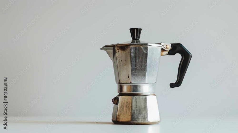 Stovetop moka pot coffee maker seen from the side against a white background Stovetop moka pot coffee maker seen from the side against a white background