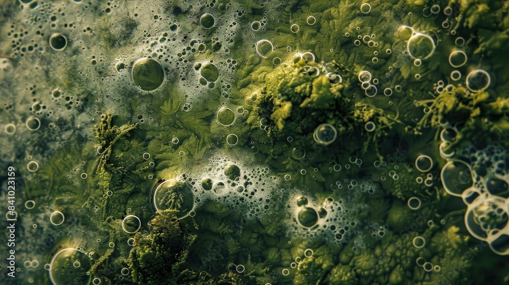 Fototapeta premium Texture with water foam bubbles covered in moss on the surface an artistic backdrop