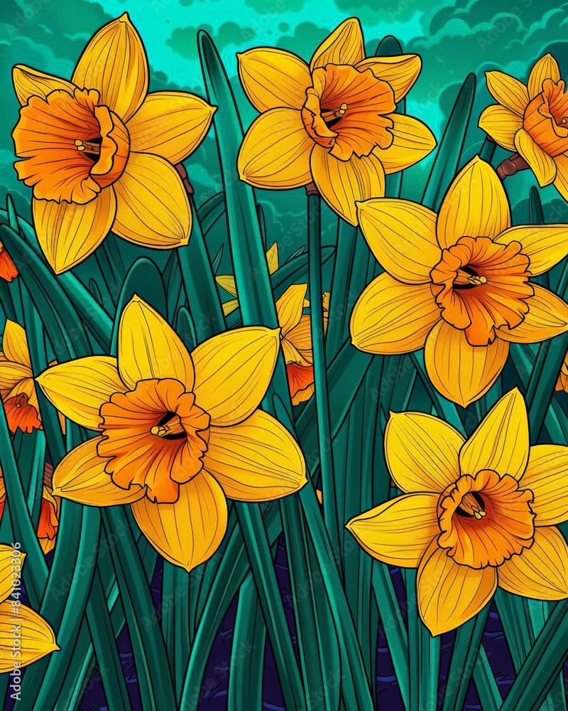 Daffodil field in pop art, bold outlines, bright colors, repeating motifs, energetic and fun Daffodil field in pop art, bold outlines, bright colors, repeating motifs, energetic and fun