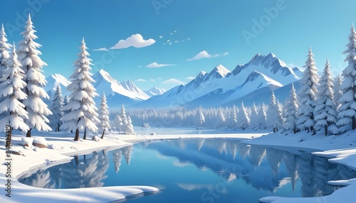 A stunning winter landscape featuring a tranquil lake, snow-covered trees, and distant mountains, all reflected in the calm, clear water under a bright blue sky.