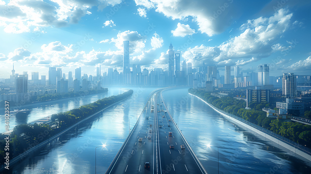 View of modern city background with building and highway View of modern city background with building and highway