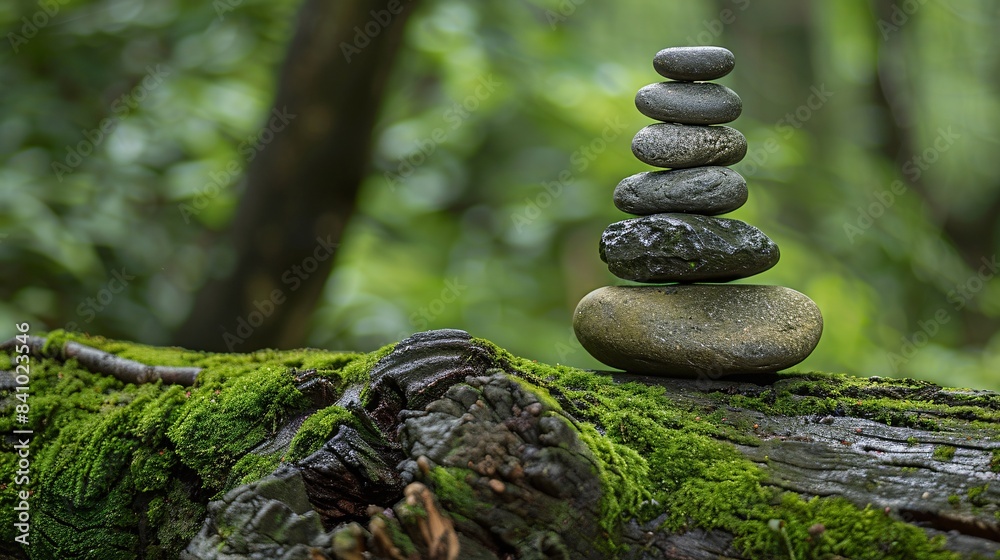 Pyramid stones balance on a mossy fallen tree. Pyramid stones balance on a mossy fallen tree.