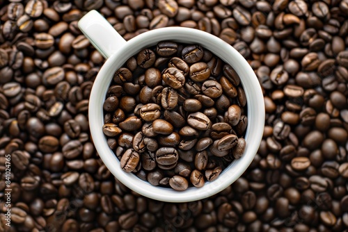 Coffee beans in cup  on coffee beans background - generative ai