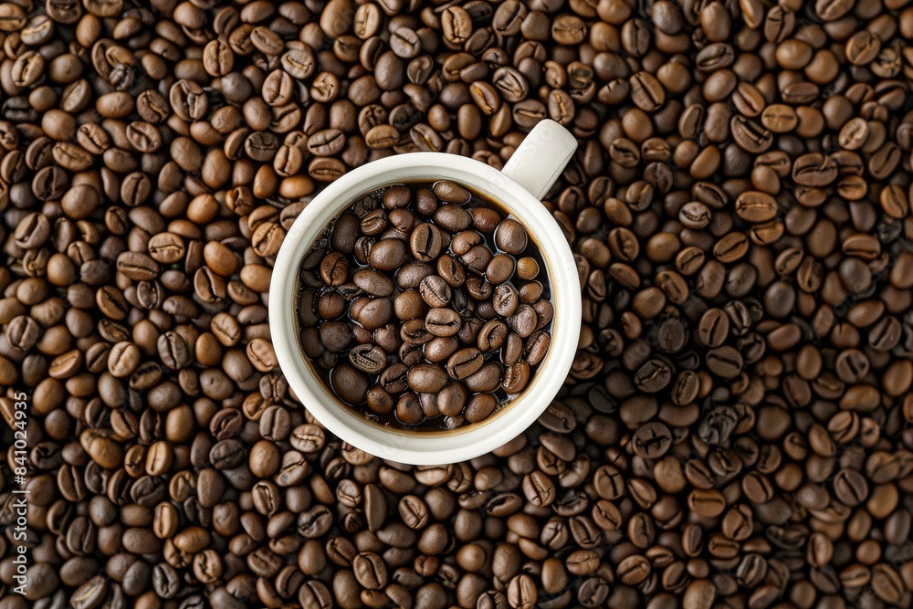 Coffee beans in cup, on coffee beans background - generative ai Coffee beans in cup, on coffee beans background - generative ai
