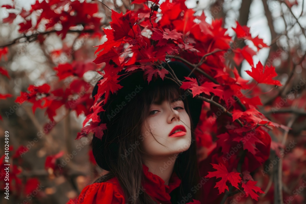 Mysterious Woman in Red Among Crimson Leaves Mysterious Woman in Red Among Crimson Leaves