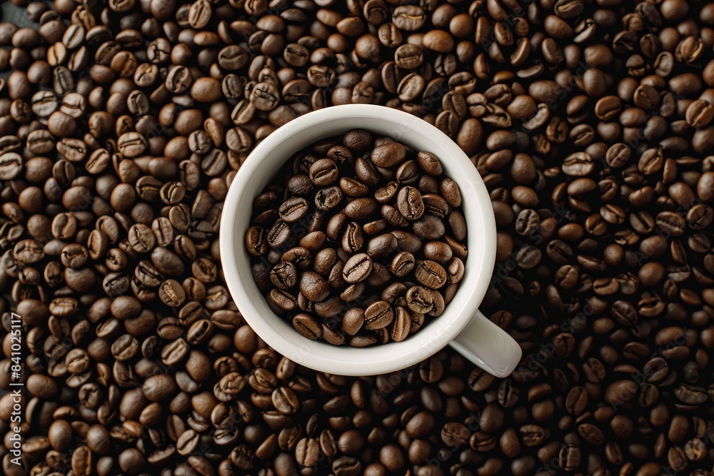 Coffee beans in cup, on coffee beans background - generative ai Coffee beans in cup, on coffee beans background - generative ai