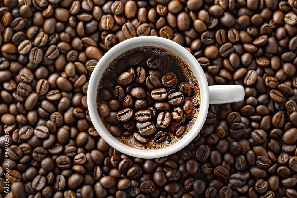 Coffee beans in cup, on coffee beans background - generative ai Coffee beans in cup, on coffee beans background - generative ai