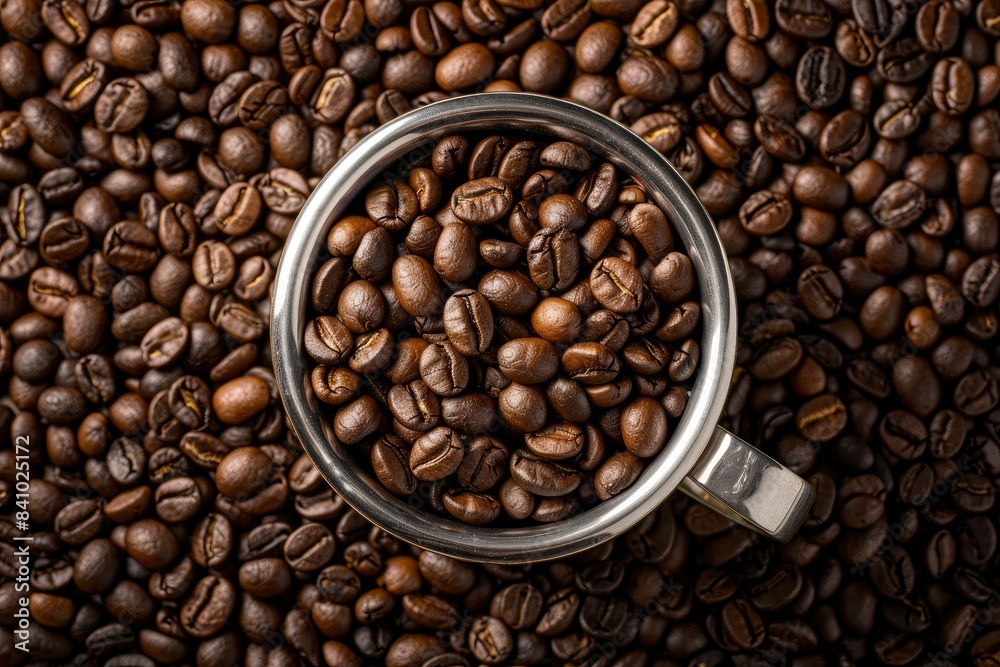 Coffee beans in cup, on coffee beans background - generative ai Coffee beans in cup, on coffee beans background - generative ai