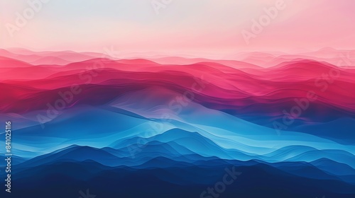 vector landscape illustration wallpaper, red and blue colors, with layers of mountains, sunset, cyberpunk style, calligraphy background