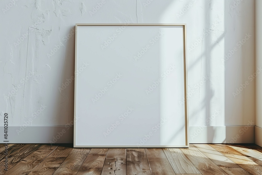 Poster frame mockup on wooden floor created with Generative AI