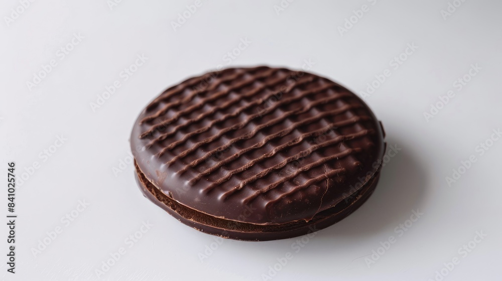A chocolate covered wafer set against a white backdrop A chocolate covered wafer set against a white backdrop