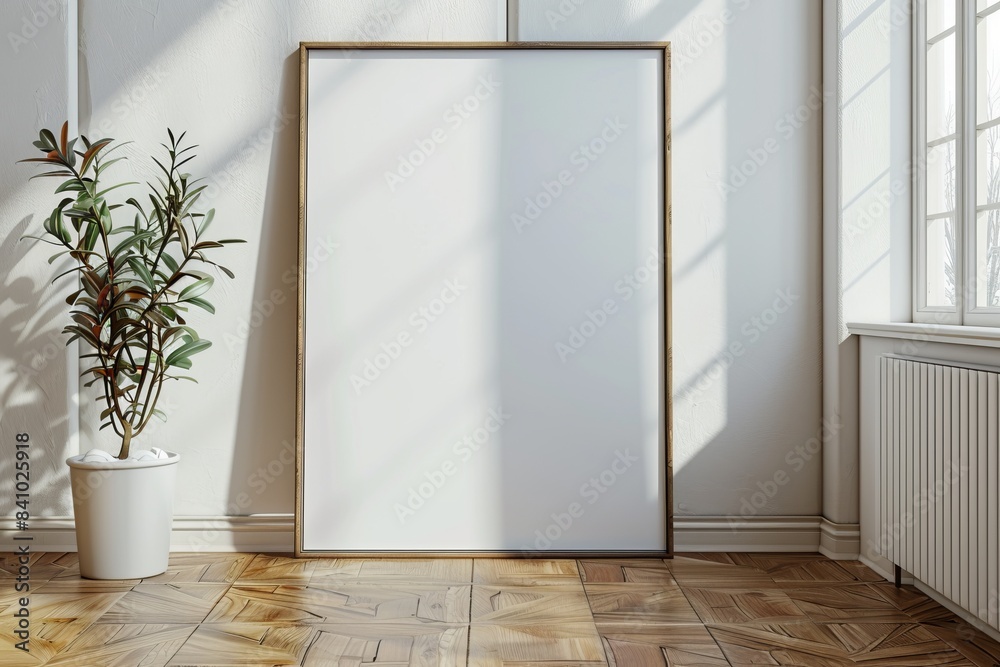 Poster frame mockup on wooden floor created with Generative AI Poster frame mockup on wooden floor created with Generative AI