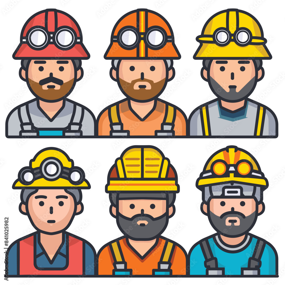 Six diverse cartoon miners wearing safety helmets work gear. Male characters facial hair, headlamps, reflective vests, different expressions. Flat style mining personnel avatars against white Six diverse cartoon miners wearing safety helmets work gear. Male characters facial hair, headlamps, reflective vests, different expressions. Flat style mining personnel avatars against white