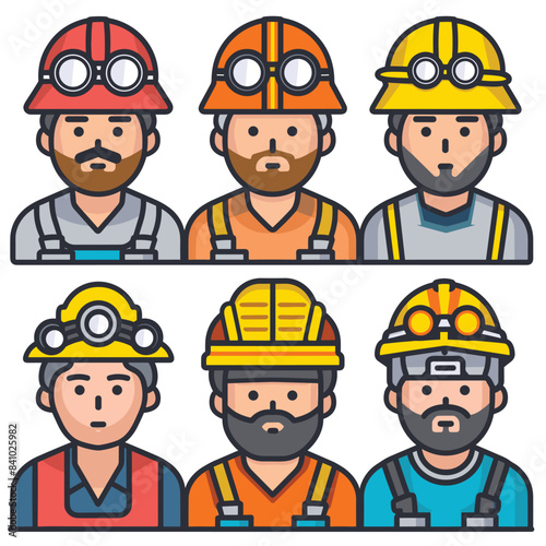 Six diverse cartoon miners wearing safety helmets work gear. Male characters facial hair, headlamps, reflective vests, different expressions. Flat style mining personnel avatars against white