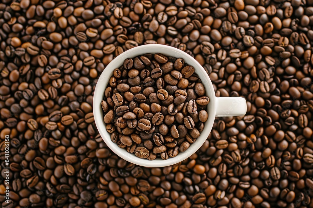 Coffee beans in cup, on coffee beans background - generative ai Coffee beans in cup, on coffee beans background - generative ai