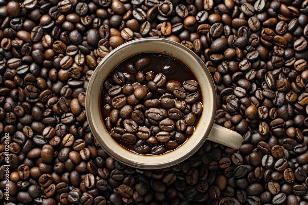 Coffee beans in cup, on coffee beans background - generative ai Coffee beans in cup, on coffee beans background - generative ai